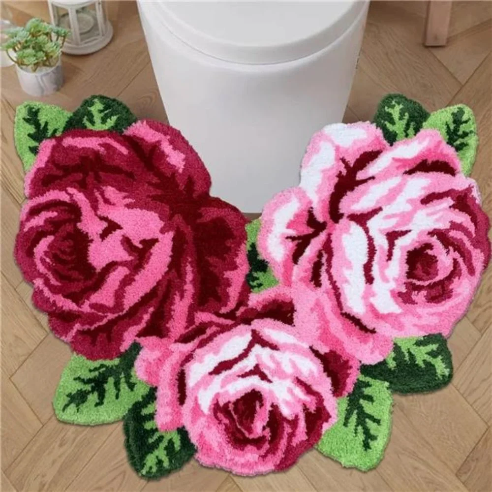 Rose Shaped Rug Pink Luxury Shaggy Toilet Bath Mat Non-Slip Machine-Washable